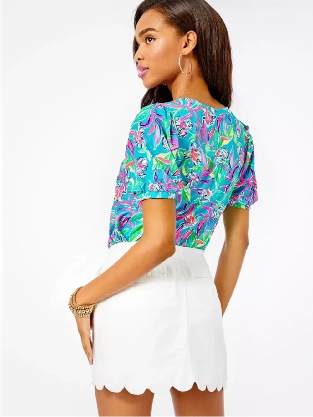Lilly Pulitzer Turquoise Floral Puff-Sleeve Top